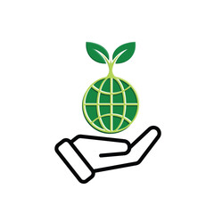 sustainable icon. earth and plant vector in hand. reuse, recycle, net zero, green energy, eco-friendly concept. Mixed design style