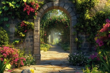 Fototapeta premium A stone gateway leading into a historic garden, framed by lush climbing vines and blooming flowers
