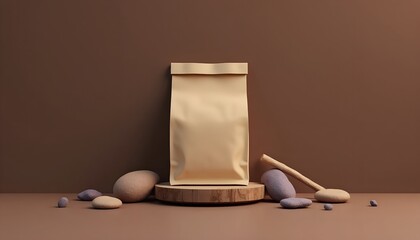 Kraft paper bag on wooden display stand with stones. Minimalist product presentation against a brown background. Perfect for branding and packaging designs.
