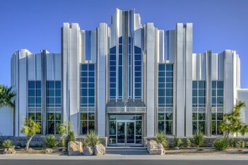 A streamlined art deco building with chrome accents, geometric window shapes, and polished stone panels