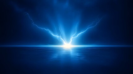 Fototapeta premium Dramatic Blue Lightning Over Calm Ocean at Dusk or Dawn