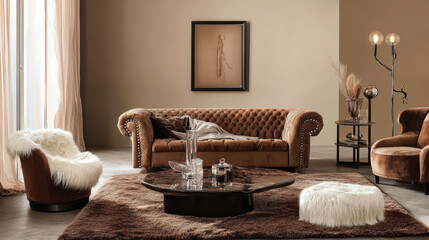 Sophisticated Living Room: An inviting and luxuriously appointed living room with plush brown velvet furniture, a sleek glass coffee table.