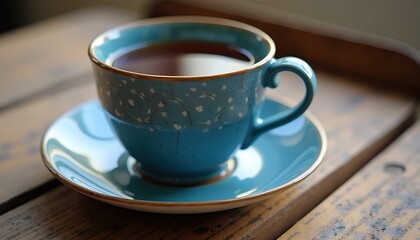 Fototapeta premium A teal teacup with delicate floral pattern sits on a matching saucer atop a rustic wooden surface. Warm, inviting, and perfect for a cozy moment.