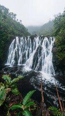Obraz premium Lush Tropical Waterfall in Misty Jungle Cascading Water Nature Scene