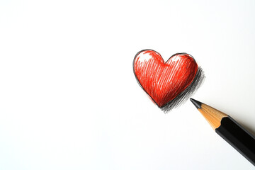 A red heart drawn in pencil on paper, an empty space for text.