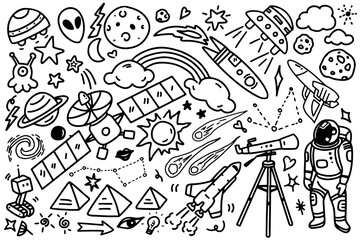Set of space cosmic doodle and symbols, cute for kid for decoration on white background. Hand drawn background with creative astronomy elements. Education and Science. Vector illustration.