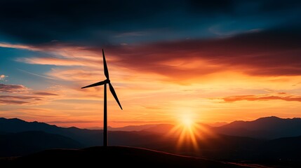 Obraz premium Wind Turbine at Sunset Among Mountains and Colorful Clouds