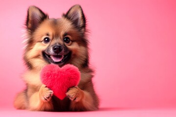 Obraz premium Cute finnish spitz canine with fluffy red heart - sign of love, funny greeting card. Finnish spitz - my treasured dog. Marketing creative. Valentine's day pet themes inspiration. Dog and heart.