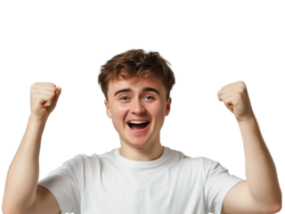 Joyful young man raising his fists in celebration of success on transparent background