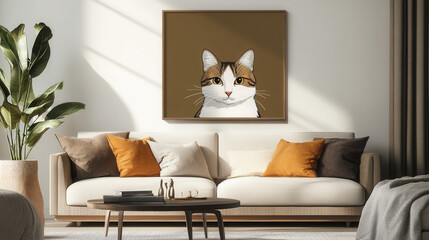 Cat Portrait Minimalist: A captivating illustration of a calico cat with piercing green eyes, framed and displayed in a modern living room setting, exudes a sense of tranquility and understated charm.