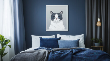 Cat Portrait on Bedroom Wall: A minimalist bedroom interior features a framed cat portrait, adding a touch of personality and whimsy to the navy blue walls and stylish bedding.