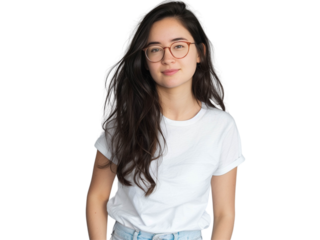 Casual portrait of a young woman wearing glasses and white t-shirt on transparent background