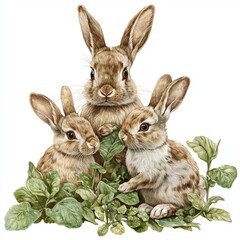 Fototapeta premium Cute and Playful Rabbits Surrounded by Green Leaves in a Whimsical Illustration Style