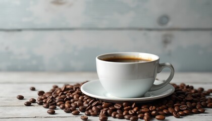 Obraz premium A cup of coffee sits on a saucer surrounded by roasted coffee beans on a rustic wooden surface. A perfect morning brew.