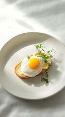 Simple and healthy protein-rich breakfast with egg toast or open-faced sandwich on large white plate, branch dish in minimalistic style, homemade cozy food, AI generated image