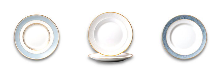 Isolated plate with blue and gold design on transparent background