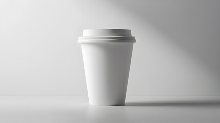 A single white disposable coffee cup stands on a white surface