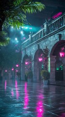 Rainy Night Cityscape  Romantic Neon Lights  Stone Architecture  Palm Trees