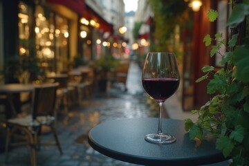 Parisian evening, red wine, cobblestone street, cafe ambiance, romantic dinner