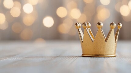 Golden crown on wooden table, bokeh background. Success, achievement concept