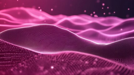 Abstract technology background with connected dots on 3d wave landscape, representing data science, particles, digital world, virtual reality, cyberspace, and metaverse concept


