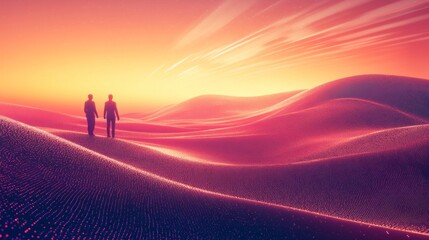 Abstract technology background with connected dots on 3d wave landscape, representing data science, particles, digital world, virtual reality, cyberspace, and metaverse concept


