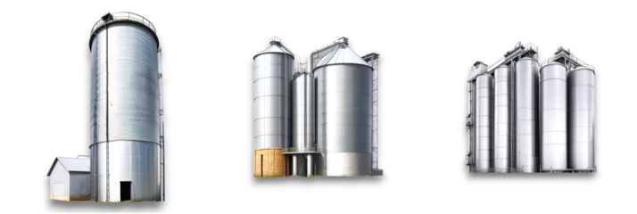 Isolated silos on transparent background, ideal for agricultural and industrial use