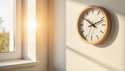 Elegant wall clock illuminated by sunrise in minimalistic interior, tranquility