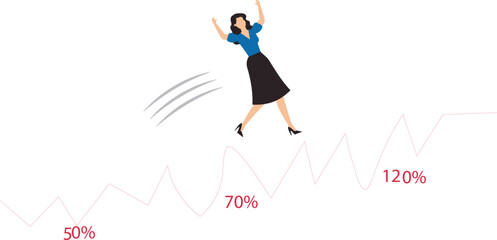 Fototapeta premium Leap forward, business change or transform to success winning, jump high challenge or progress to achievement, courage to move forward concept, businesswoman leap forward jump over growth rising graph