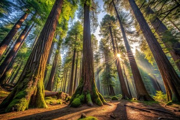 Fototapeta premium Panoramic Old Growth Forest: Cool-Toned Side-Lit Majesty - Epic Nature Photography