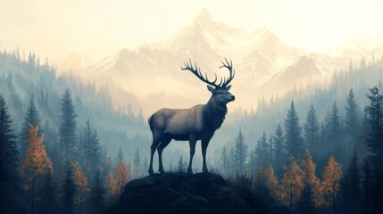 Majestic Elk Stands Proudly Amidst a Misty Mountain Landscape at Dawn, a serene representation of the wilderness and its majestic creatures