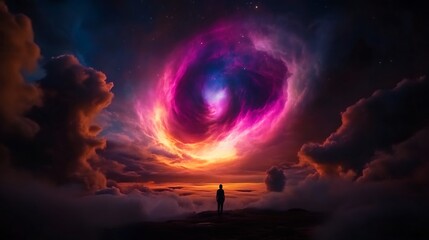 Obraz premium Cosmic Vortex: A Solitary Figure Contemplates the Celestial Enigma