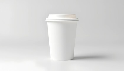 A single, blank white disposable coffee cup with a lid sits on a plain white background.  Perfect for mockup or branding designs.