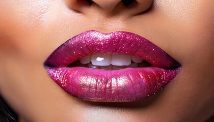 Fototapeta premium Extreme Close-Up of Female Lips with Pink Glittering Glamour Lipstick