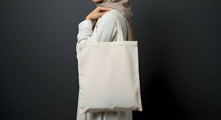 Mockup, a muslimah woman wearing white dress and beige hijab is holding a blank white tote bag, suitable fashion and advertising use 1