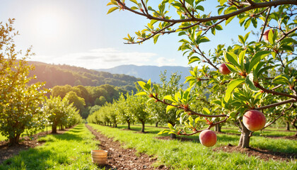 Peach trees budding in sunny hillside orchard, spring harvest bliss