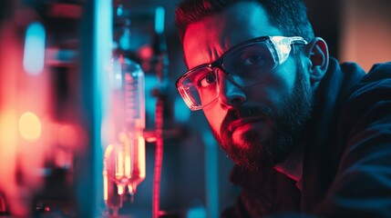 Fototapeta premium Focused Scientist in a Neon-Lit Laboratory