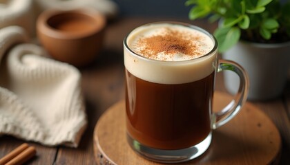 Fototapeta premium Warm spiced coffee drink in a glass mug, perfect for a cozy autumn day. Creamy foam and a sprinkle of cinnamon add to its inviting appeal.