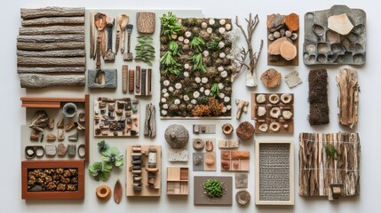 Fototapeta premium A creative board filled with building, textile, and natural materials. Also, some accessories on a plain background.