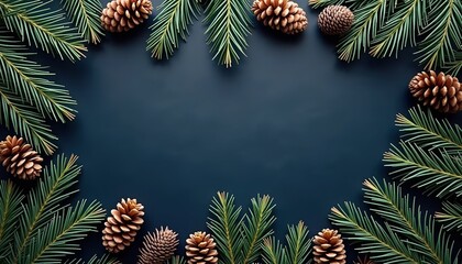 Naklejka premium Festive winter frame with pine branches and cones on a dark background. Perfect for holiday cards or winter themed designs.
