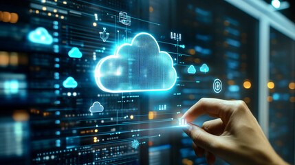 Modern server room featuring advanced cloud technology and digital interfaces for data management and storage in a secure environment. Generative AI