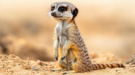 Fototapeta premium A meerkat stands alert in the sandy terrain, its gaze directed to the left side of the frame