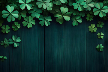 St Patricks Day side border of paper shamrocks over a dark green wood background