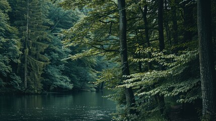 Obraz premium Forest lake, tranquil scene, lush trees, background mist, nature