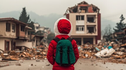 Child Back View  Earthquake Disaster  Destroyed City  Rubble  Backpack