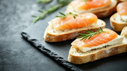 Freshly prepared bite-sized toasts topped with creamy cheese and smoked salmon elegantly garnished with rosemary on a stylish dark slate background