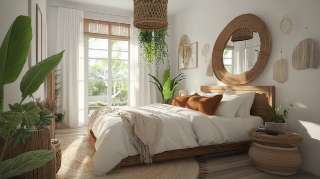 Airy and open bedroom with white walls, wooden mirror, and plants. Cozy, bright, and rustic bedroom with a bohemian flair.