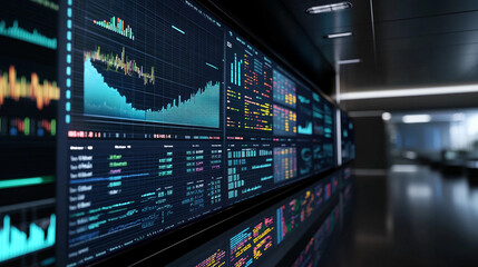Analytics dashboard displays dynamic graphs and charts in a modern office setting for real-time data monitoring and analysis. Generative AI