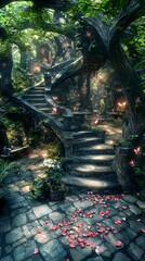Fototapeta premium Enchanted Forest Path Stone Steps Butterflies Flowers Fantasy Garden