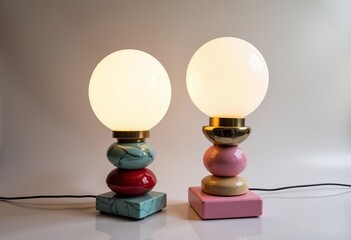 Modern sculpture table lamps with vertical stacked blocks, multicolored marble, accented by bronze metal rings, spherical, cubic, cylindrical & pill geometric shapes,